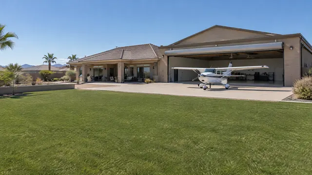 Wide backyard of a large single-story home with an attached aircraft hangar door in a residential airpark in west Chandler, Arizona, artificial turf lawn in the foreground, a small parked single-engine propeller plane without markings near the hangar