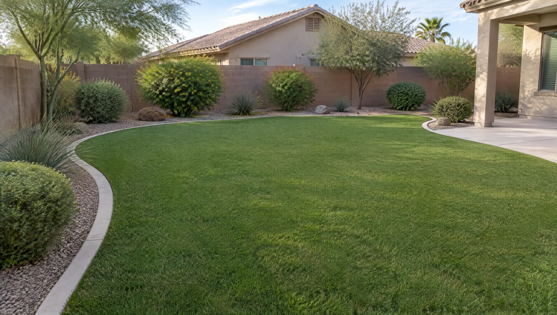 Newly finished artificial turf installation in a Chandler, Arizona backyard: smooth even synthetic grass with clean curved edges against a concrete mow strip, desert shrubs in gravel beds, block wall and tile-roof home behind, soft morning light