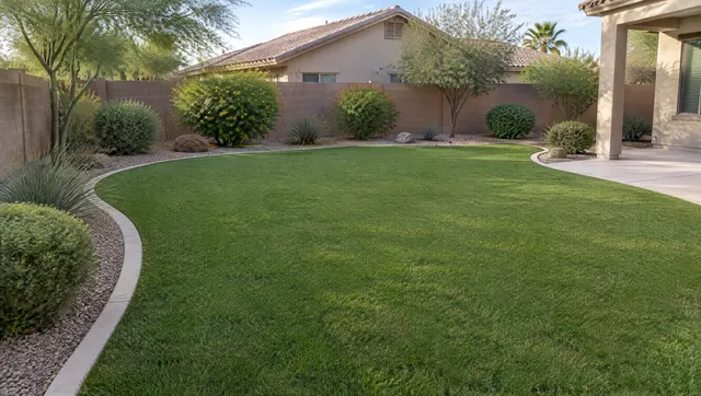 Newly finished artificial turf installation in a Chandler, Arizona backyard: smooth even synthetic grass with clean curved edges against a concrete mow strip, desert shrubs in gravel beds, block wall and tile-roof home behind, soft morning light