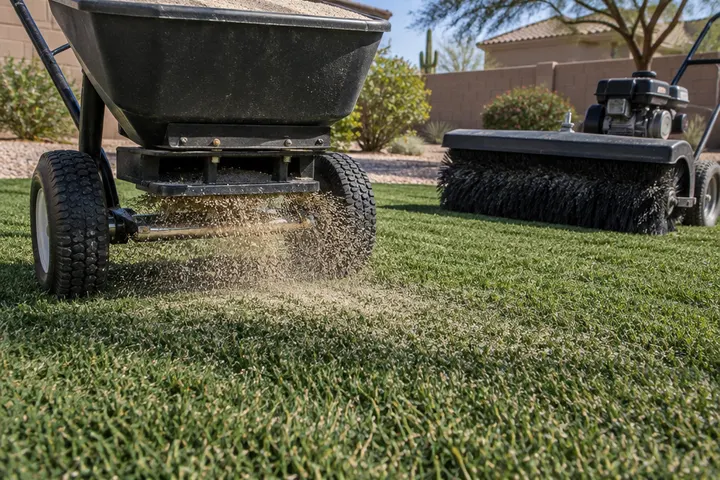 Silica sand infill being spread over artificial turf with a drop spreader, a power broom nearby, close angle on the lawn