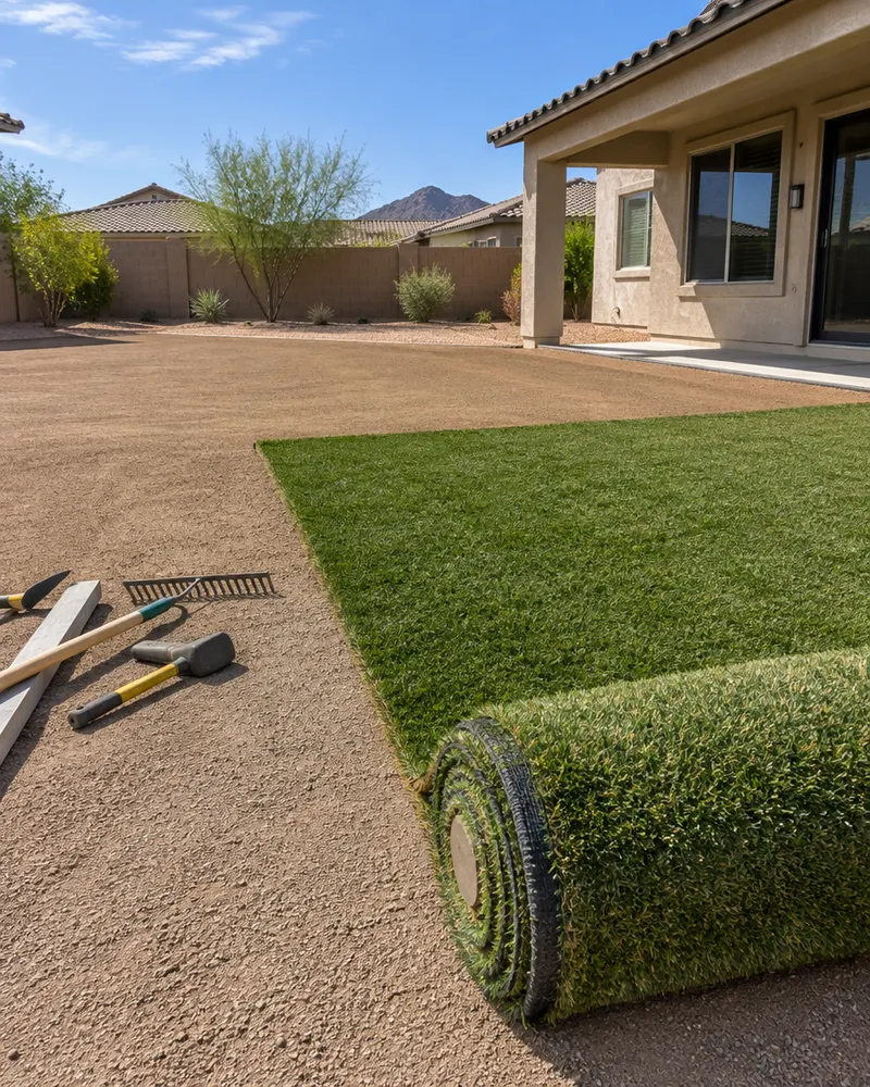Roll of artificial turf being unrolled across a prepared, compacted base in a Chandler backyard, the rest of the yard graded smooth, tools beside it, no people