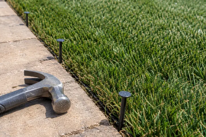 Close-up of turf landscape nails and a hammer along the perimeter of newly laid artificial grass, no hands visible