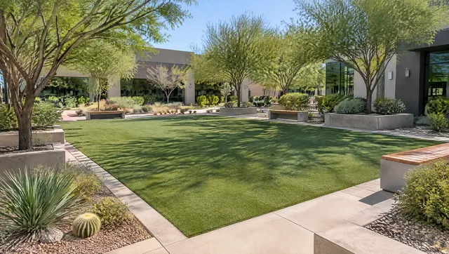 Artificial turf lawn in the courtyard of a low-rise office building in Chandler, Arizona: large rectangle of synthetic grass with shade trees in planters, benches, desert landscaping, modern stucco and glass buildings