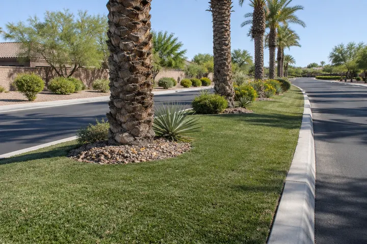 Long strip of artificial turf along an HOA entry median with palm trees and desert plants, curbs on both sides