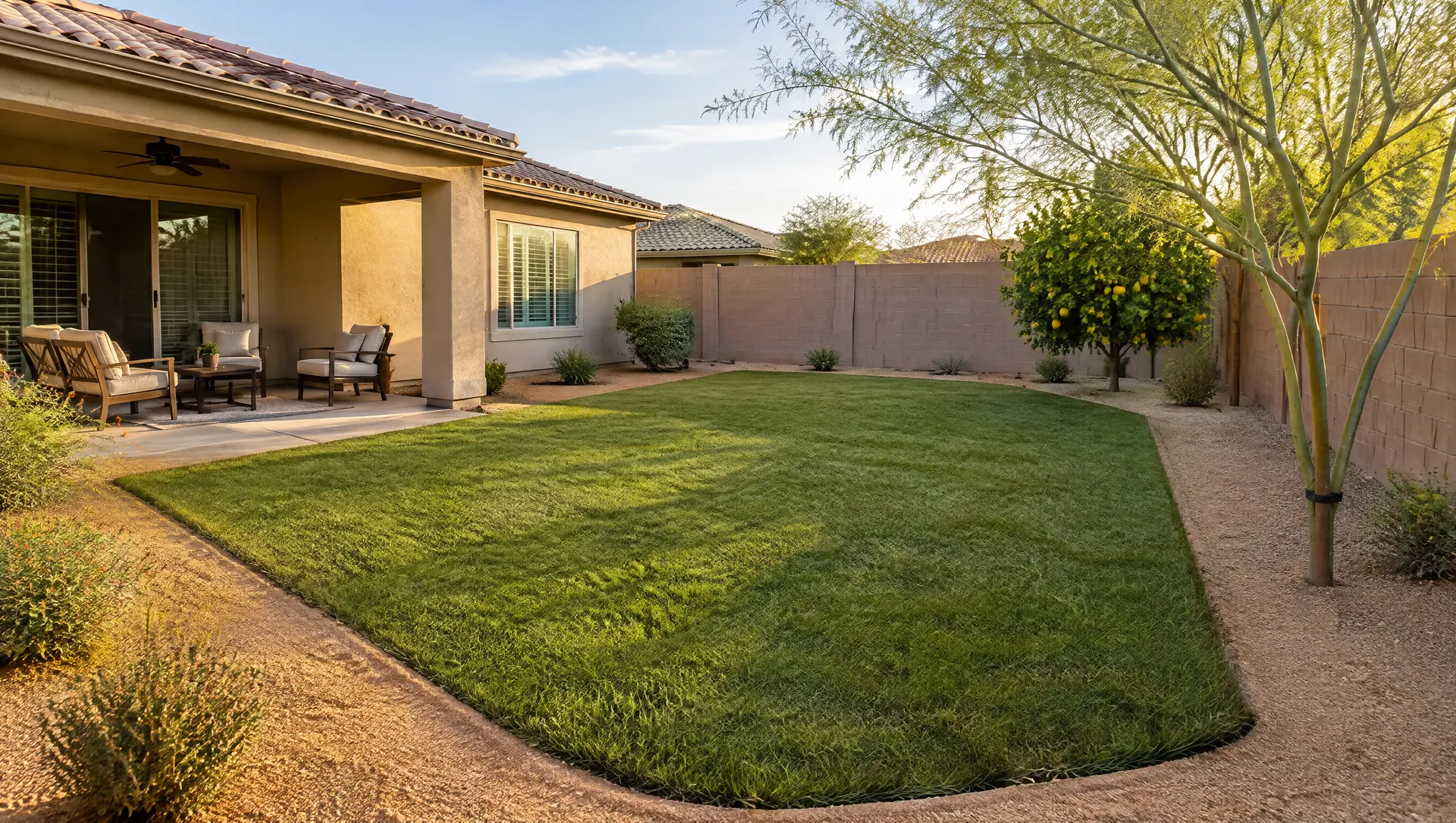 Backyard of a single-story stucco home in Chandler, Arizona with a fresh lawn of realistic artificial turf edged by tan decomposed granite, a covered patio with outdoor chairs, a young palo verde tree and a citrus tree along a block wall, late afternoon golden light