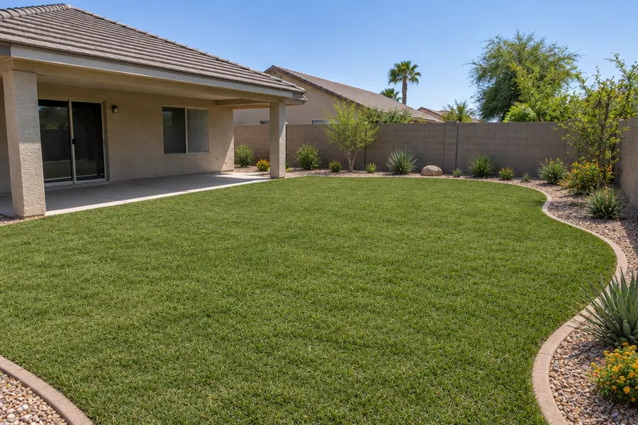 The same Chandler backyard after renovation with the same wall, patio and house: an even artificial turf lawn with a curved gravel border and a few desert plants, midday light