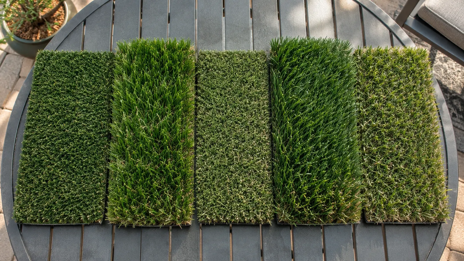 Several artificial turf samples laid side by side on a patio table, different pile heights and shades of green, top-down view, no labels