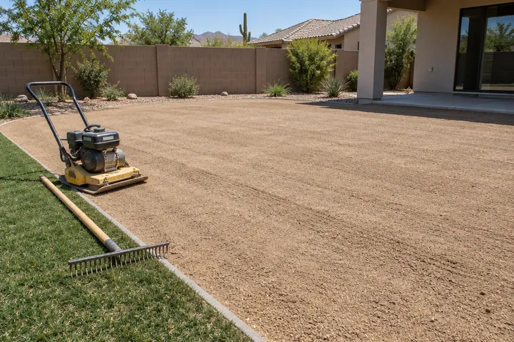 Compacted crushed decomposed granite base being graded smooth in a backyard before artificial turf goes down, a plate compactor and a landscape rake on the edge, no people