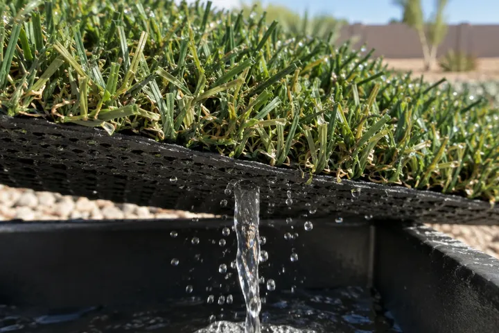 Close-up of water from a garden hose draining straight through the perforated backing of artificial turf into the base below, droplets on the blades