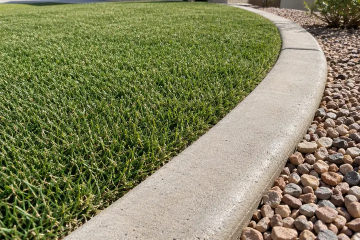 Clean artificial turf edge tucked tight against a curved concrete mow curb with gravel on the other side, close detail