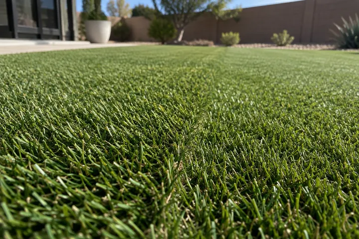 Close-up of a nearly invisible seam where two rolls of artificial turf meet on a lawn, blades brushed together, viewed at a low angle