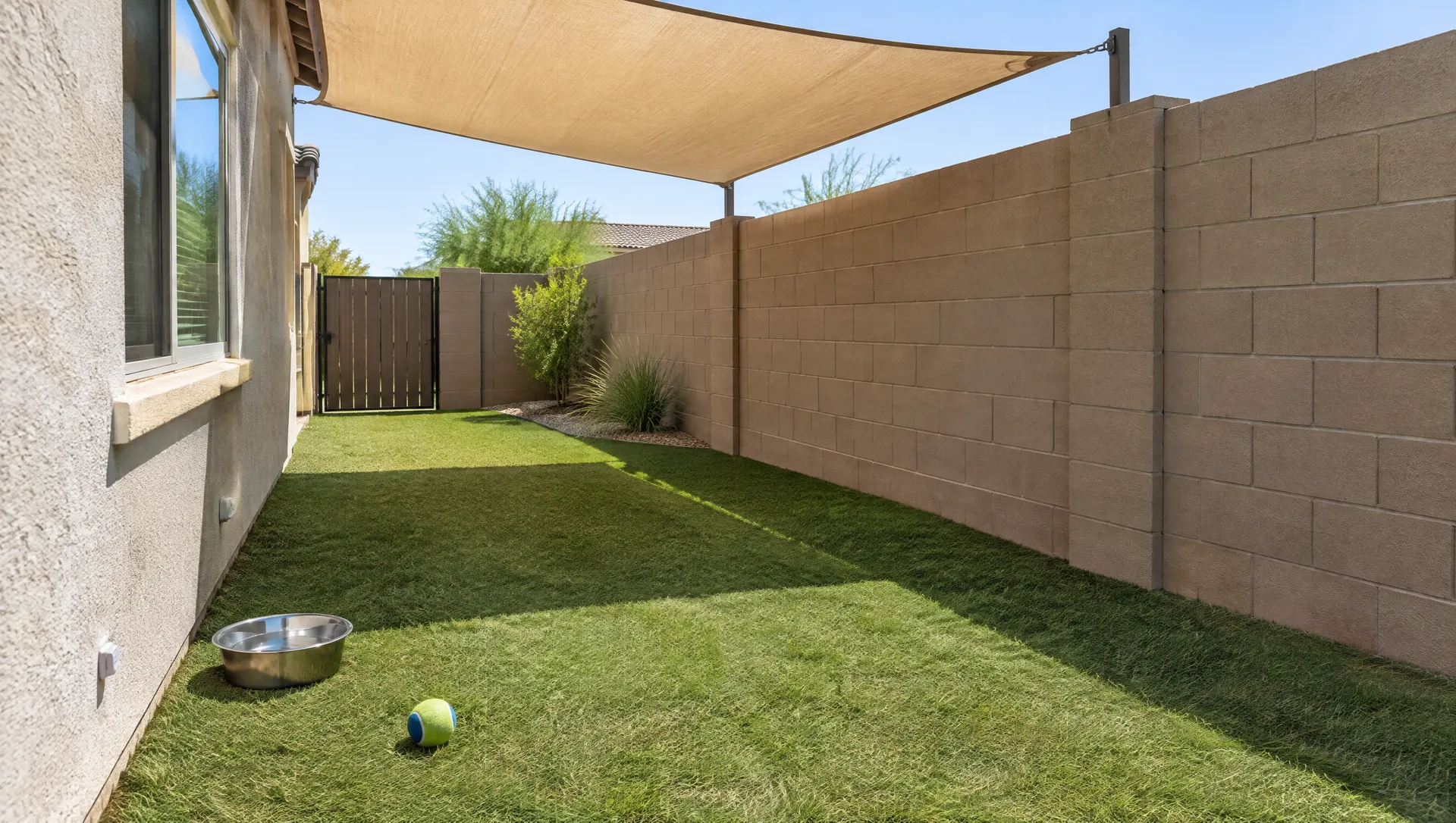 Side yard of a Chandler, Arizona home with durable pet turf: short dense artificial grass, a shade sail overhead, a water bowl and a dog ball on the turf, a block wall with a side gate, clean and tidy