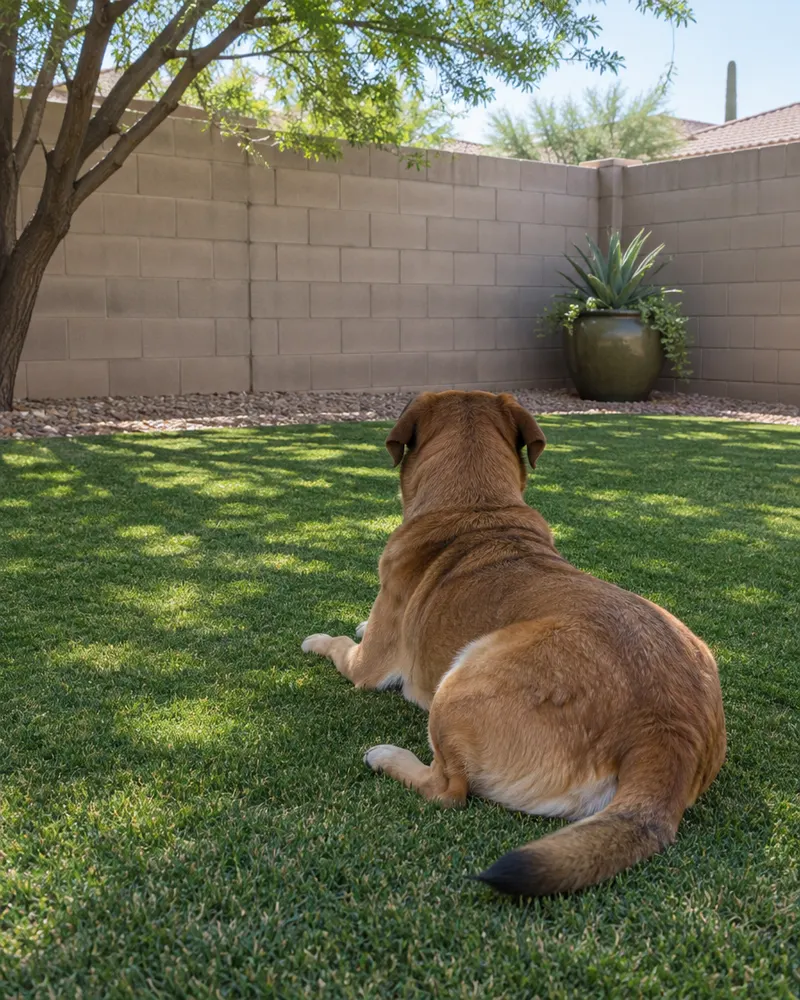 A medium-size dog lying on clean artificial turf in a shaded Chandler, Arizona backyard, seen from behind so no face is visible, a block wall and a potted plant