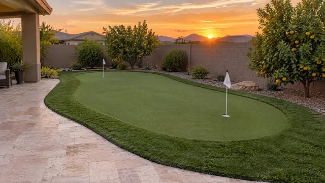 Backyard putting green of short artificial turf with two cups and flags without logos, fringe of longer synthetic grass, travertine patio, citrus trees and a block wall in a Chandler, Arizona yard at sunset
