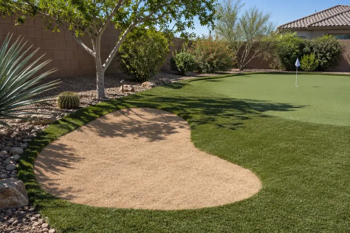 Small chipping area with a sand-colored bunker shape made of tan turf next to a backyard putting green