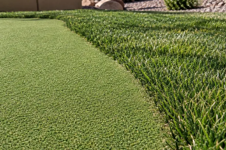 Close-up of the transition between short putting green turf and taller fringe artificial grass