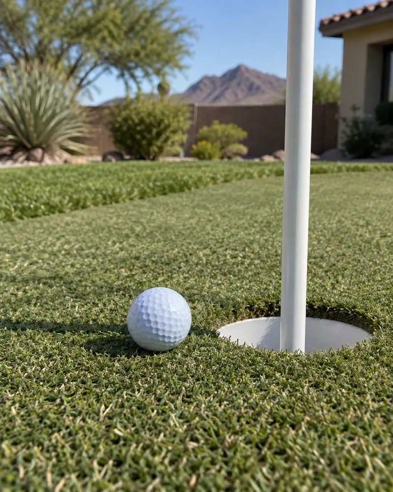 Close-up of a golf ball resting near the cup on a backyard artificial putting green, flag pole without logo, fringe turf in soft focus
