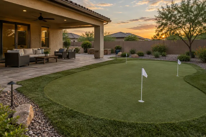 Putting green set beside a covered patio with outdoor seating in a Chandler backyard, evening light