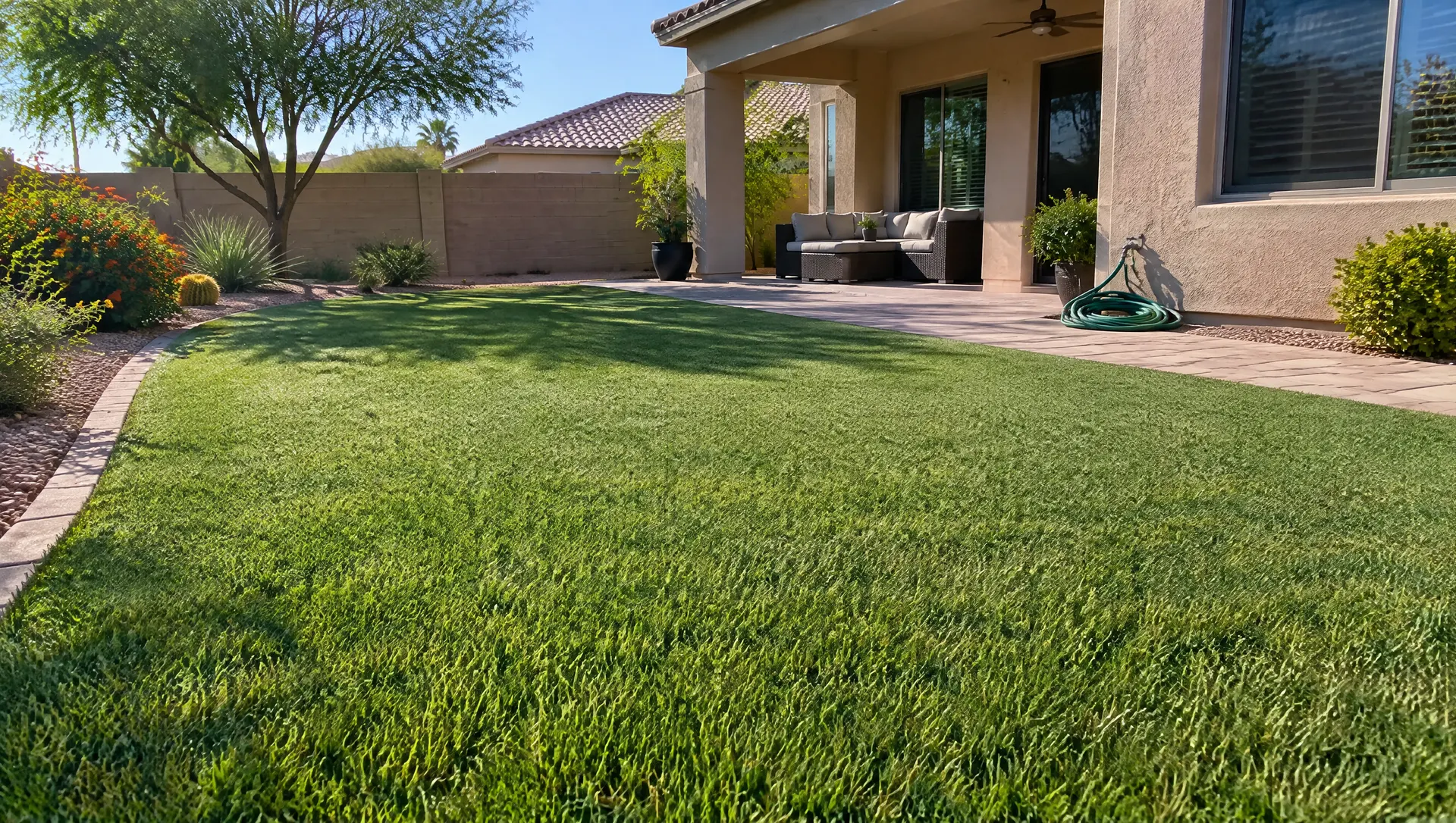 Freshly cleaned artificial turf lawn in a Chandler, Arizona backyard, blades brushed upright and glistening slightly from a rinse, a garden hose coiled on the patio, morning sun, stucco home in the background