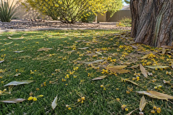 Fallen leaves, palo verde blossoms and dust collected on artificial turf near a tree, before cleaning