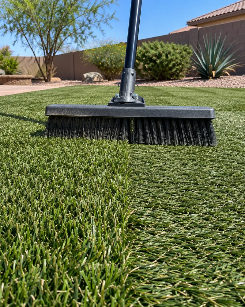 Power broom with stiff bristles standing on an artificial turf lawn, blades on one half brushed upright and the other half flattened, sunny backyard