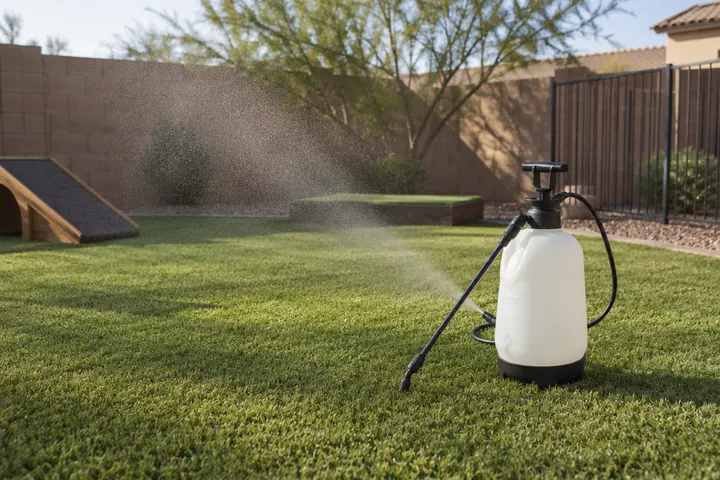 Pump sprayer resting on clean artificial turf in a pet area of a backyard, a fine mist hanging in the air, no people
